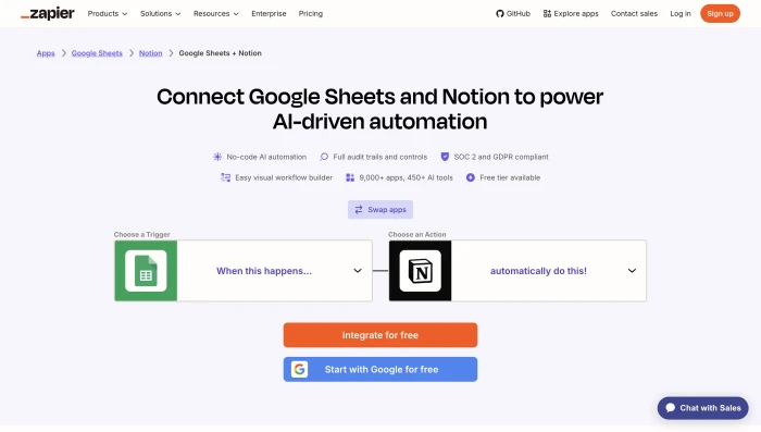 Zapier programmatic SEO page for the Google Sheets and Notion integration, showing the trigger and action setup
